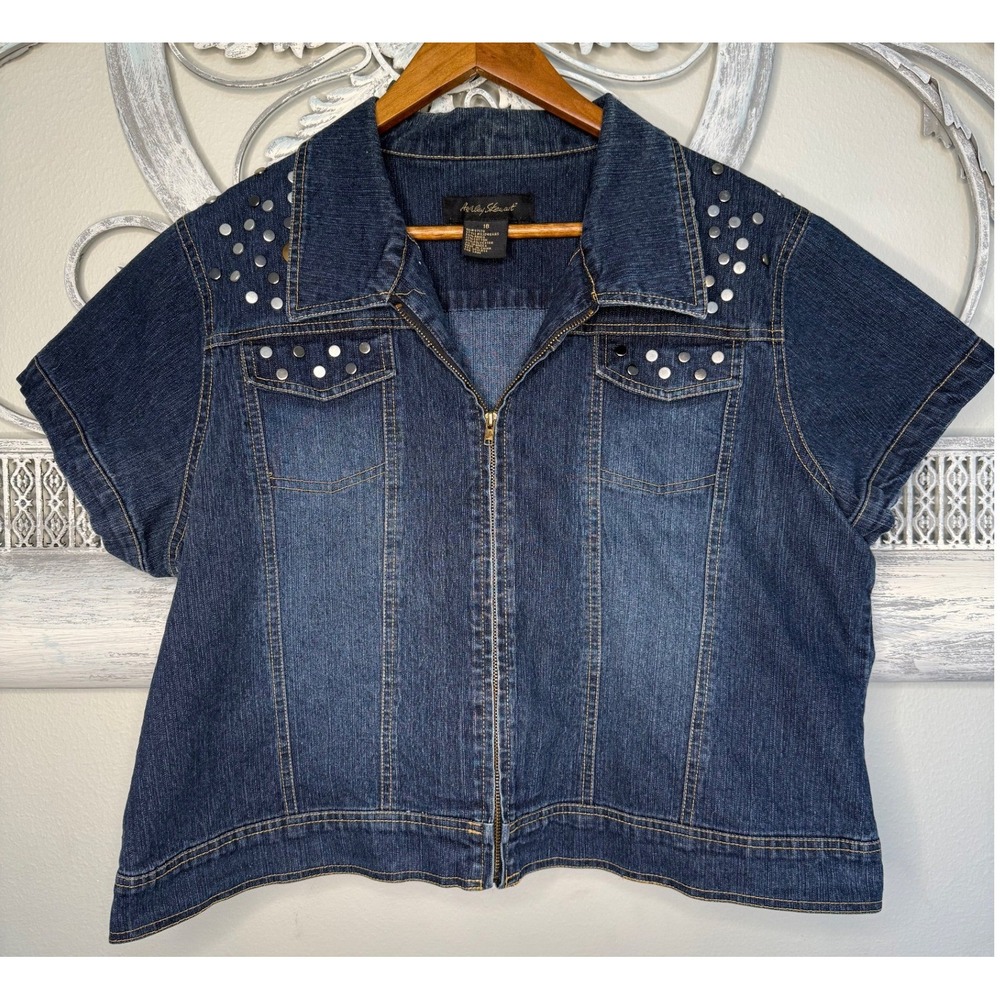 Ashley Stewart Womens 18 Dark Wash Studded Short Sleeve Denim Zip Jacket EUC